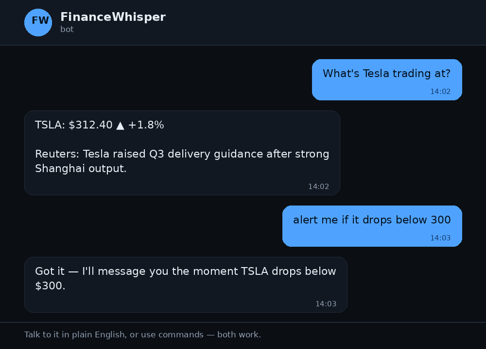 Example FinanceWhisper conversation: asking for a Tesla quote, setting a price alert, and getting an instant reply.